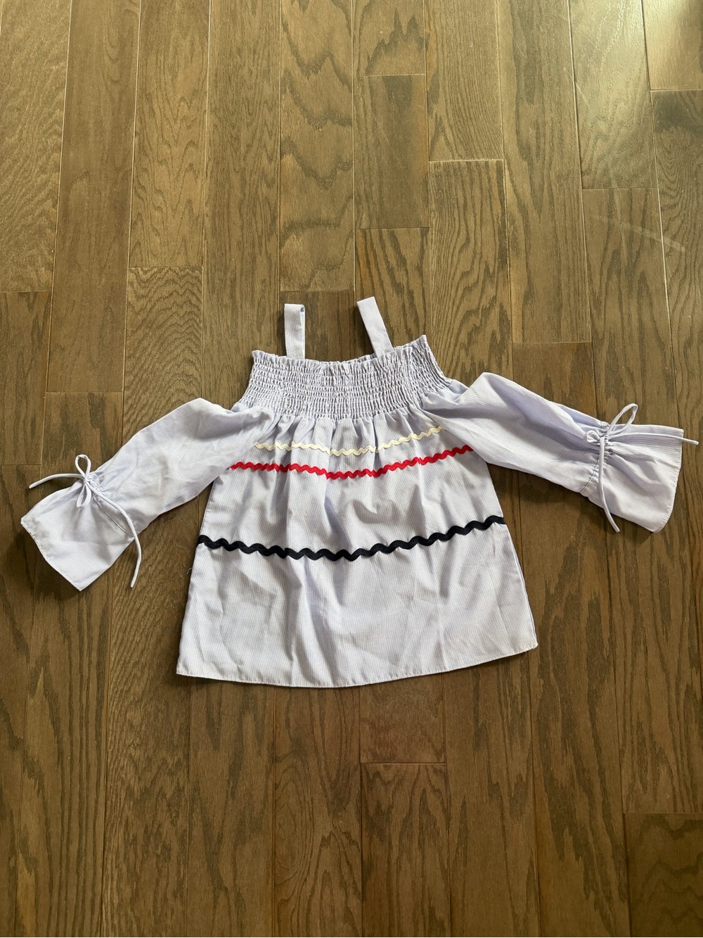Maeve Light Blue and White Smocked Striped Top with Red and Navy wide Rick Rick